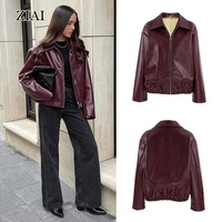 Winter Burgund Damen Jacke Leder Revers Warmer Mantel Mode Frauen Einfache PU Jacke Mantel mit Reiß verschluss