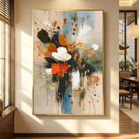 Peinture à l'huile abstraite de fleurs sur toile, peinte à la main avec des feuilles d'or, texture épaisse, décoration murale verticale, intérieur moderne
