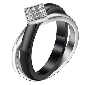 European Style Minimalist 7mm Quadrilateral Micro Pave Zircon Ceramic <b>Cross</b> <b>Ring</b> Black And <b>Silver</b> For Women - Product Image 1