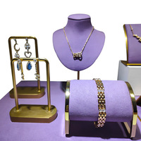 Ensemble de présentoirs pour bijoux en microfibre violette, buste pour anneaux et colliers, support en métal doré pour bijoux pour les magasins