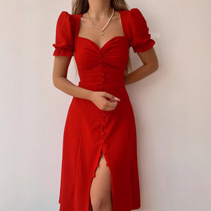 Primavera y verano nuevos vestidos de longitud media para mujer con cuello en V de un solo pecho Sehe Fashion - Product Image 5