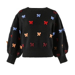 Lady autunno inverno ricamo farfalla maglione lavorato a maglia contratto languido vento pigro allentato manica a bolle maglioni Pullover in maglia - Product Image 2