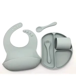 2022 BPA Free Grade Baby Wasserdichtes Silikon Baby Lätzchen mit Food Catcher Baby Silikon Lätzchen Teller Tasse Großhandel Fütterung bedarf