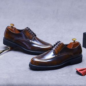 Men's Luxurious Shiny Leather <b>Pointed</b> Dress Shoes, Lace-up Style, Brown New Waterproof - Suitable for Weddings - Product Image 2