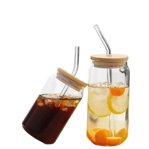 Can Shaped Tumbler Cup with Bamboo Lids and Glass Straws Large Beer Glasses Clear Drinking Glass Cup Ideal for Ice Tea