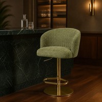 Tabouret de bar moderne en velours à hauteur réglable avec dossier incurvé, base pivotante en métal doré et repose-pieds pour salle à manger/salon