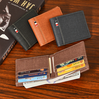 Desainer kustom Bifold PU kulit dompet ramping untuk pria RFID memblokir anak laki-laki tempat kartu terbuka poliester OPP tas anyaman pendek langsung