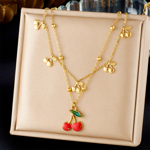 Fashion Layered Double Chain Cherry Pendant Stainless Steel Clavicle Necklace Gift Jewelry - Product Image 1