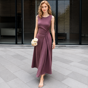 Robe midi élégante sans manches pour femme, coupe trapèze, couleur unie, viscose polyester, ourlet évasé ajusté, col rond, taille naturelle, printemps, décontractée - Product Image 1