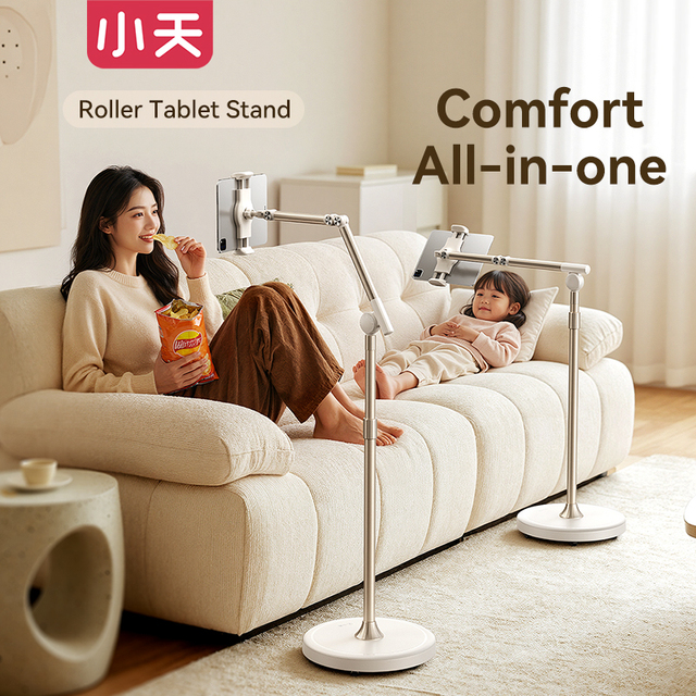 FreeShipping L63 Rolling Floor Tablet Stand with TPR Silent Wheels 4.3kg Weighted Alloy Base Telescopic Arm for Bedside Sofa Use