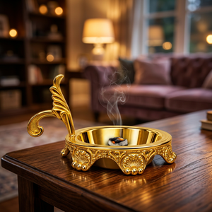 Brûle-encens de luxe en laiton égyptien avec décor floral ornemental, finition dorée, pieds décoratifs et poignée courbée, fait main - Product Image 1