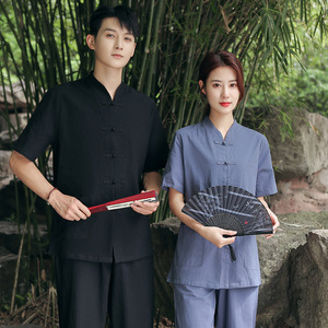 Vêtements <span class=keywords><strong>traditionnels</strong></span> <span class=keywords><strong>chinois</strong></span> Tang pour hommes et femmes, tenue de méditation Zen, coupe ample, manches courtes, uniforme de travail pour thérapeute en massage - Product Image 2