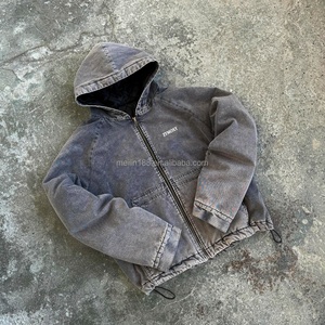 Sweat-shirts à capuche zippés vintage lavés de haute qualité pour hommes, en denim épais et chaud, avec manches bouffantes - Product Image 1