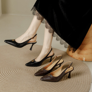 Elegant Women's Pointed Toe Slip-On Slingback Pumps Genuine Leather Brown <b>Heels</b> Anti-Slip Buckle All Seasons Comfort Shoes - Product Image 3