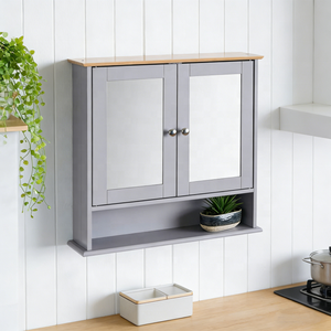 Mobiletto Moderno da Parete per <span class=keywords><strong>Cucina</strong></span> e Bagno con Ante a Specchio, Ripiano Aperto, Top in Legno, Organizzatore Salvaspazio - Product Image 2