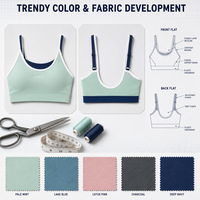 Soutien-gorge de sport personnalisé pour femme, écologique, imprimé, à maintien élevé, avec bretelles réglables, bordure marine et blanche, idéal pour la gym et les activités sportives.
