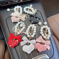 Porte-clés Cœur en Strass Scintillant pour Femme, avec Nœud, Pompon, Perles et Flacon de Parfum, Accessoires de Sac pour Fille
