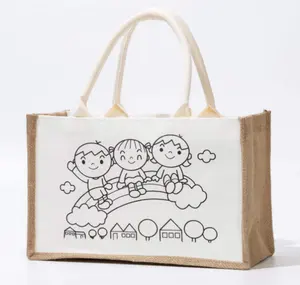 Bolsa de lona de algodón con imagen de dibujos animados de animales pequeños reutilizable personalizada, bolsa de compras de lona pintada a mano con grafiti