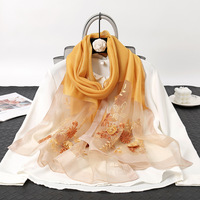 Foulard Hijab en laine de soie de mûrier, longue et unie pour femme, broderie florale, châle en laine de soie, vente en gros
