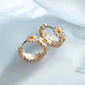 925 Sterling Silver White Chrysanthemum Hoop Earrings Trendy Enamel Daisy Flower Earrings For Women Wedding Party