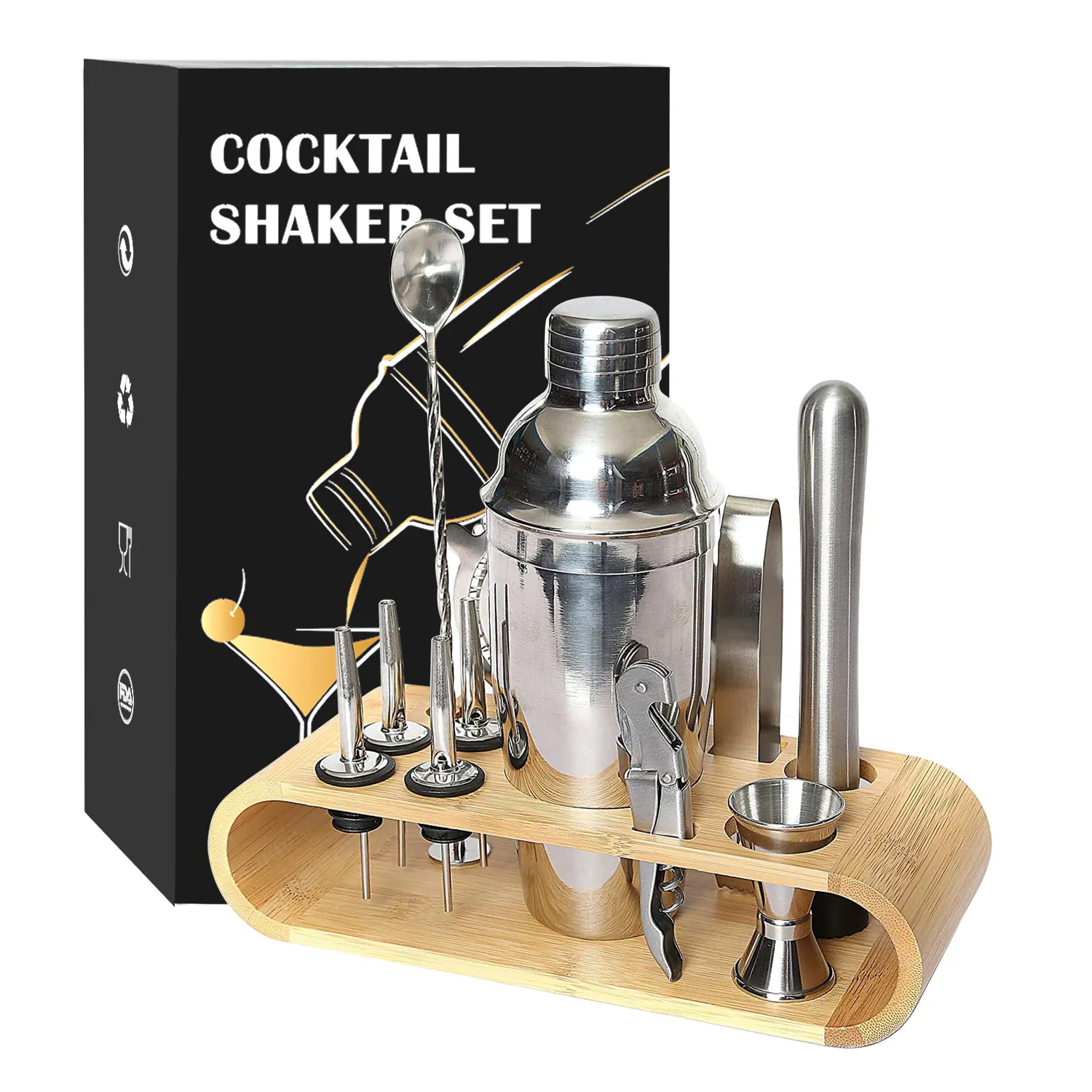 Fabriek Geschenkmaker Geplateerd Gekleurd Custom Logo Goud Zwart 12Pc Bar Rvs Bamboe Stand Barman Kit Cocktail Shaker Set