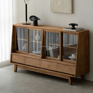 Handmade Retro Custom <b>Solid</b> <b>Wood</b> Double Door <b>Bookcase</b> Display Cabinet 4 Storage Drawers Minimalist Living Room Hotel Furniture - Product Image 4