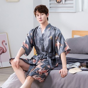 SAMWESTART Print Kimono Nightwear <strong>Men</strong> Satin Crane Sleepwear Home <strong>Dressing</strong> <strong>Gown</strong> Robe Set Lounge Wear Nightgown Bathrobe - Product Image 5