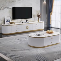 Ensemble table basse ronde et meuble TV en marbre et bois, style moderne et luxueux, avec tiroirs, pour salon ou salle à manger, design de meubles pour la maison