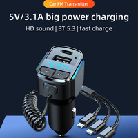Chargeur de voiture multifonctionnel 3 en 1 pour lecteur MP3, 1 port USB et 1 câble de données de type C, transmission Fm, chargeur rapide