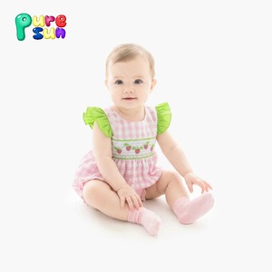 Puresun OEM/ODM, Blusa de Manga con Volantes, Estampado a Cuadros, Bordado de Fresas, 100% Algodón Orgánico Suave, Verano, Logotipo Personalizado, para Bebés Niñas - Product Image 1