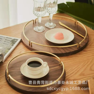 Acacia Wood Round Storage <b>Tray</b> With Brass Handle Solid Color Nordic Style For Hotel Coffee <b>Tea</b> Desktop Use - Product Image 2