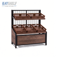 Étagère de présentation robuste en métal pour légumes et fruits avec paniers et grille en bois pour supermarché et magasin de détail