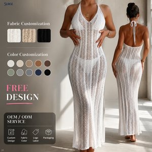 Robe longue moulante décontractée en coton tricoté blanc pour femme, col halter en V, sans manches, transparente, en crochet, idéale pour la plage ou les vacances - Product Image 1