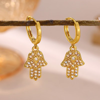 Pendientes Colgantes Clásicos de Moda Cristiana con Diseño de Ojo del Diablo en Forma de Palma de la Mano, de Acero Inoxidable con Baño de Oro Real e Incrustaciones de Zirconia