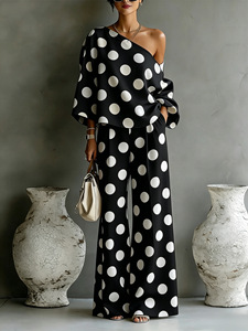Bold Polka Dot Two Piece Outfit Off Shoulder <strong>Flowy</strong> <strong>Top</strong> &amp; Wide Leg Pants Summer Casual Wear - Product Image 4