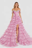 Robe de soirée rose à épaules dénudées ornée de diamants, haute couture, en tulle scintillant, à volants, pour le bal et les événements.