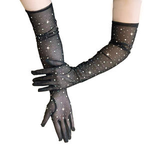 Gants longs extensibles en résille avec strass pour femmes, gants en maille ultra-mince avec doigt complet, mitaines de costume de fête exotiques. - Product Image 6