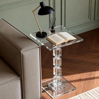 Table d'appoint carrée en acrylique blanc transparent, montage simple, idéale pour la chambre à coucher, le salon, le balcon.