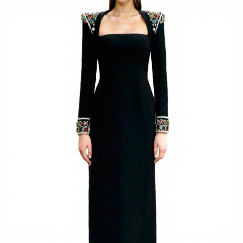 In Stock Black Velvet Evening Dress Long Sleeve Natural Waistline Design |  Alibaba.com