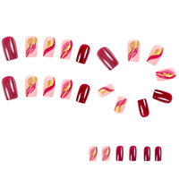 24 Pièces Faux Ongles Longs Cercueil Effet Dégradé Violet-Rouge Doré à la Feuille, Ongles à Coller