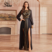 Robe de soirée longue en mousseline de soie noire et or à sequins, manches longues, double fente, pour femme du Moyen-Orient, élégante, pour gala et soirée formelle