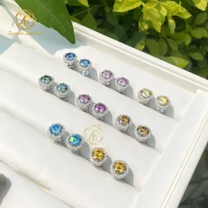 Fashion Jewelry 925 Silver Colorful Pink Blue Green Yellow 1CT 6.5MM Moissanite Halo Stud Earrings