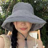 Sombrero de Pescador a Cuadros Blanco y Negro para Mujer, Estilo Coreano INS, Ala Ancha, Protección UV, Cubre Rostro, Sombrero para el Sol