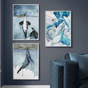 Affiches d'animaux marins en <span class=keywords><strong>aquarelle</strong></span> bleue, impressions nordiques de baleines et navires, décor mural, tableau sur toile - Product Image 2