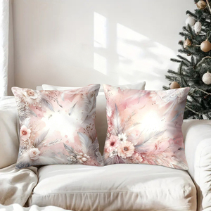 Almohadas decorativas con plumas florales rosas adornan la acogedora sala de estar con medias navideñas y astas de reno. - Product Image 3