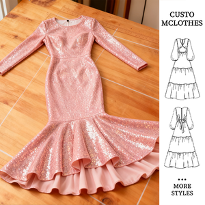 Tùy Chỉnh Ropa De Mujer Màu Hồng Sequin Dài Tay Áo Vòng Cổ Nàng Tiên Cá Bọc Phía Trước Giữa Chiều Dài Sequin Dress Với Hai Tầng Ở Phía Dưới - Product Image 1