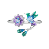 Bague ouverte en argent sterling 925 plaqué zircon et émail, motif oiseau et fleur, vente en gros d'usine