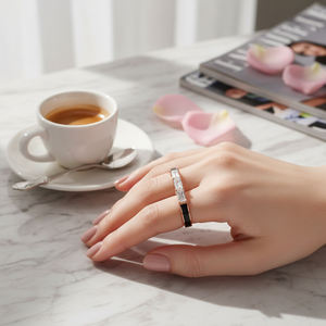 Baguette-Anillo de banda de esmalte negro para mujer, joyería de plata de ley 925 turca, joyería de moda para mujer - Product Image 3