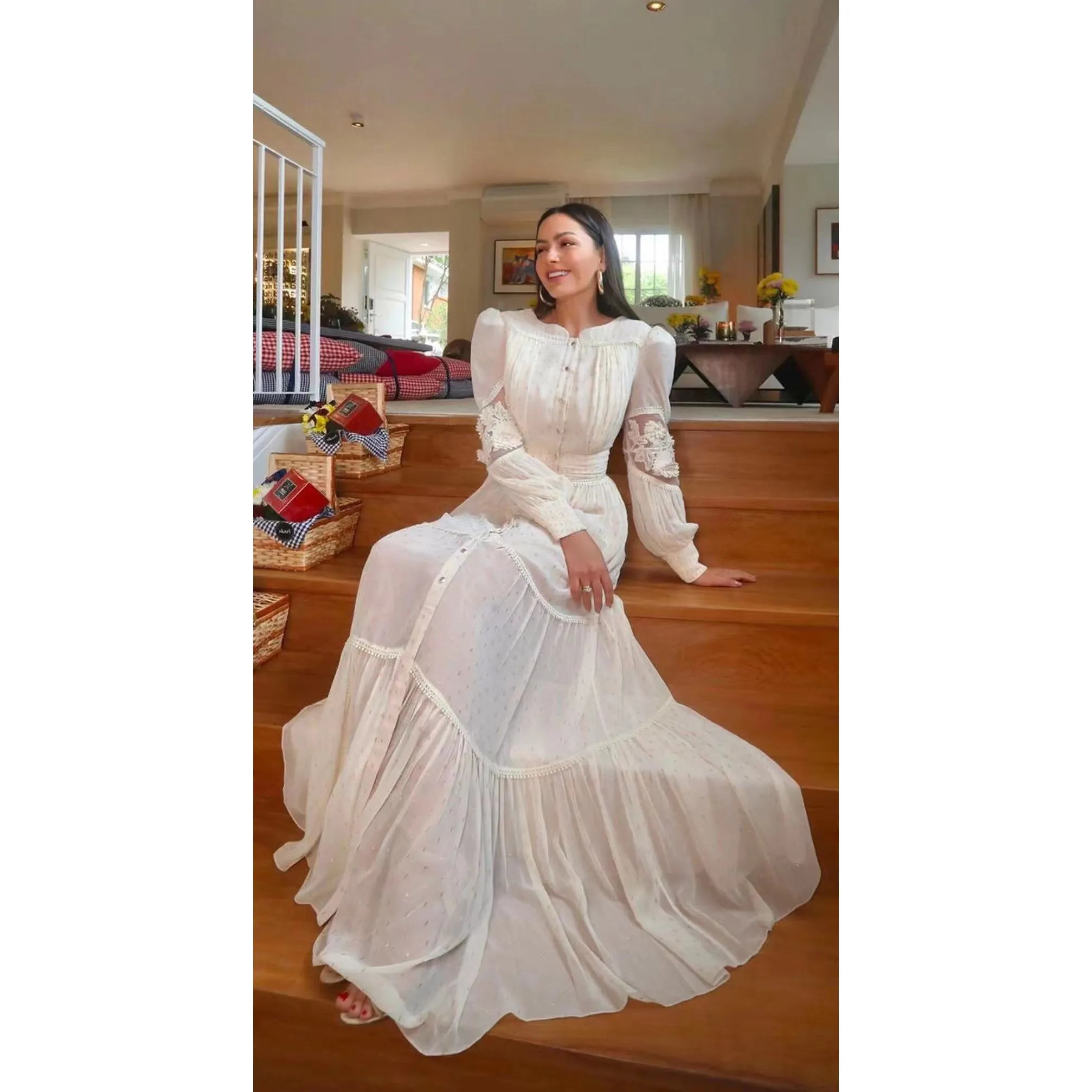 AW053-vestido blanco de gasa de talla grande para mujer, maxivestido bordado