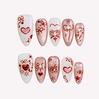 Offre Spéciale – Ongles à Presser en Acrylique Rose Pâle Scintillant, Peints à la Main, Motifs Cœur, Étoile, Perle et Nœud, Forme Amande, Longueur Moyenne, Vente en Gros
